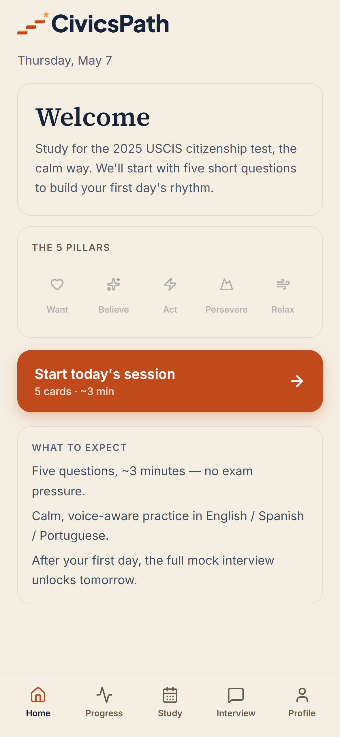 CivicsPath home dashboard on iPhone showing the 5 pillars (Want, Believe, Act, Persevere, Relax) and a "Start today's session" CTA
