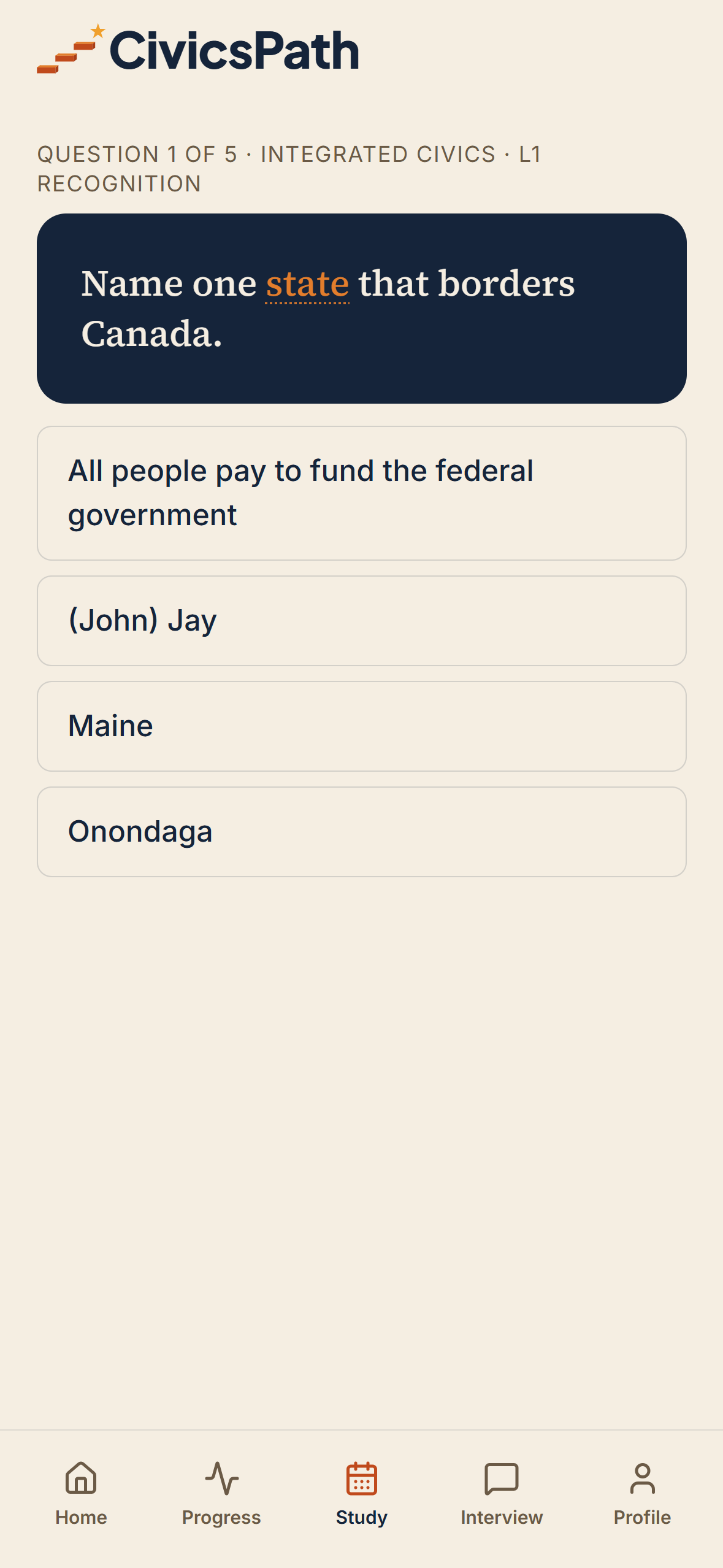 CivicsPath study card on iPhone showing a USCIS civics question (Name one state that borders Canada) with four answer choices